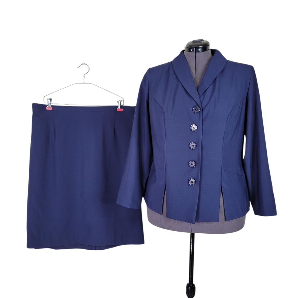 Roamans Skirt Suit Size 18W Blue Slit Front Slit Cuffs Kick Pleat Pull On New